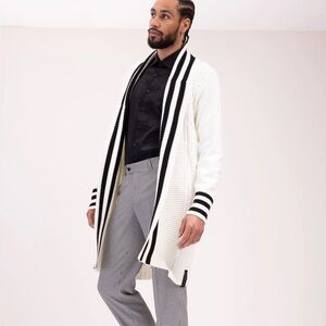 Ron Tomson Striped Longline Cable Knit Cardigan Sweater